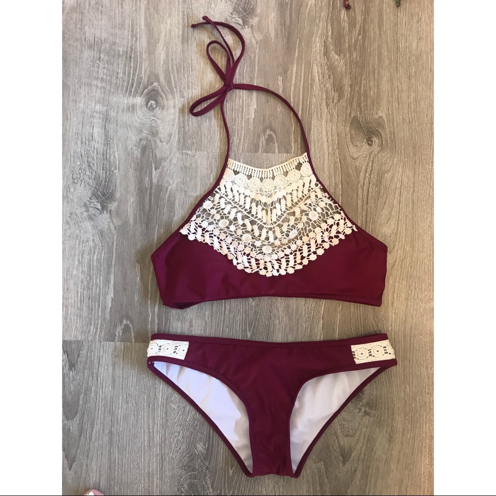 Cupshe Lace Halter Bikini Set Deep Burgundy